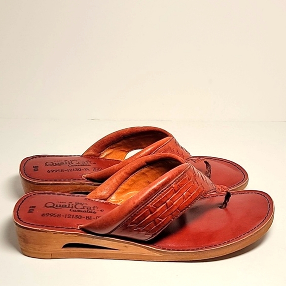 Vintage QualiCraft Brown Leather Wooden Flip Flop Thong Sandals Brazil 10 - Picture 5 of 13